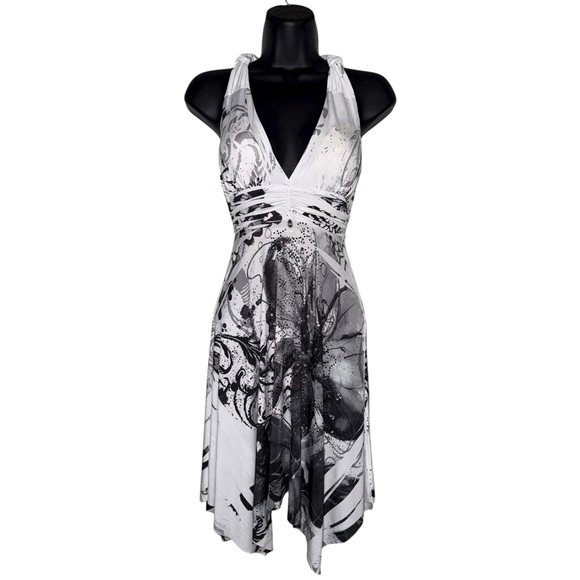 Vintage Y2K Fairy Whimsigoth‎ Beaded Flowy Halter Mini Dress Floral Knee Length